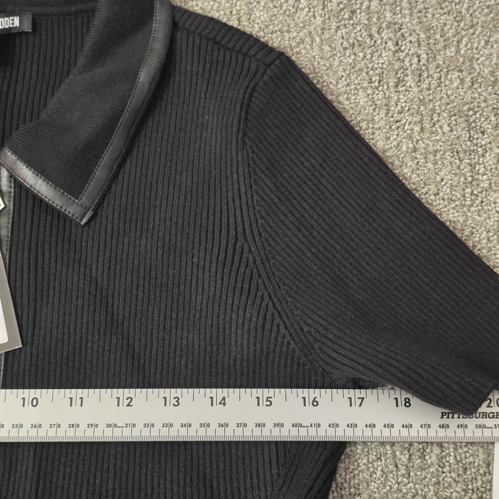 NWT Steve Madden L Black Rib Knit Faux Leather Zip Polo Mini Dress Pockets - Picture 5 of 8